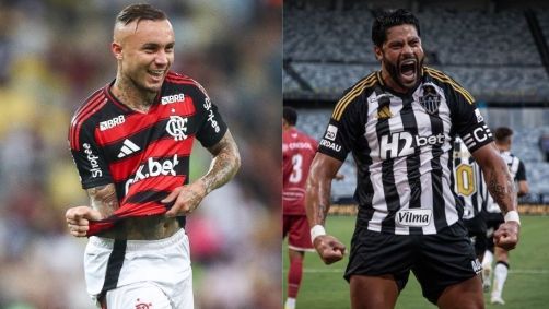 Everton Cebolinha, do Flamengo, e Hulk, do Atlético-MG, comemoram gols