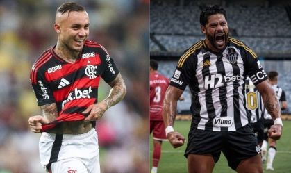 Everton Cebolinha, do Flamengo, e Hulk, do Atlético-MG, comemoram gols
