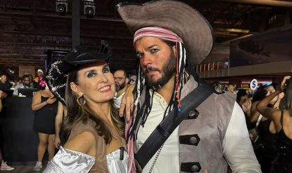 Fátima Bernardes e Túlio Gadelha usam fantasia de casal em festa