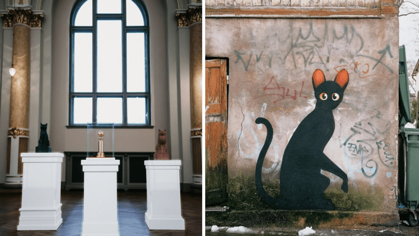 Globo de Ouro de "Flow" foi exposto em museu e a animação ganhou um grafite na Letônia • Instagram/Flow Movie