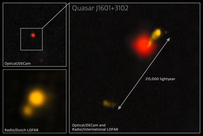 Maior jato de rádio no universo primitivo identificado por três telescópios • LOFAR/DECaLS/DESI Legacy Imaging Surveys