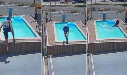 Calorão: motociclista pula de capacete em piscina de loja no Espírito Santo