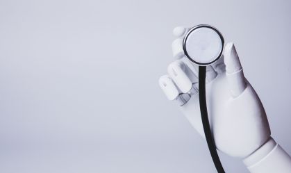 robotic hand holding stethoscope (concepts of AI medical care)