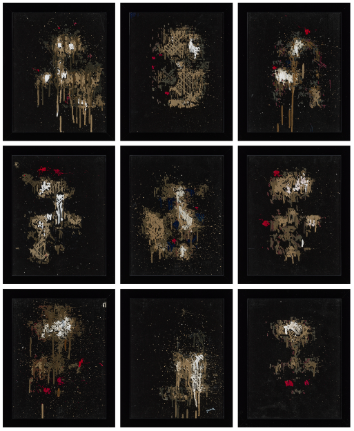 Em "Emerging Faces" de Pindar Van Arman, dois agentes de IA colaboram na criação da obra. "Um dos agentes usa IA generativa para criar imagens e pintar rostos; o outro interrompe o processo quando reconhece a imagem como um rosto humano", explicou a Christie's em uma declaração • Christie's
