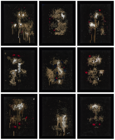 Em "Emerging Faces" de Pindar Van Arman, dois agentes de IA colaboram na criação da obra. "Um dos agentes usa IA generativa para criar imagens e pintar rostos; o outro interrompe o processo quando reconhece a imagem como um rosto humano", explicou a Christie's em uma declaração • Christie's