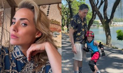 Letícia Colin mostra ex-marido ensinando o filho a andar de skate