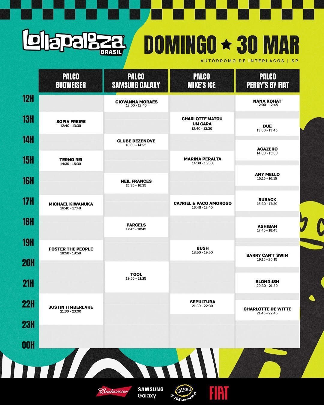 Programação de domingo, 30 de maio, do Lollapalooza Brasil 2025 • Instagram/ Lollapalooza