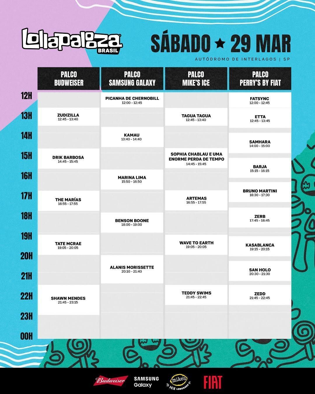 Programação de sábado, 29 de maio, do Lollapalooza Brasil 2025 • Instagram/ Lollapalooza