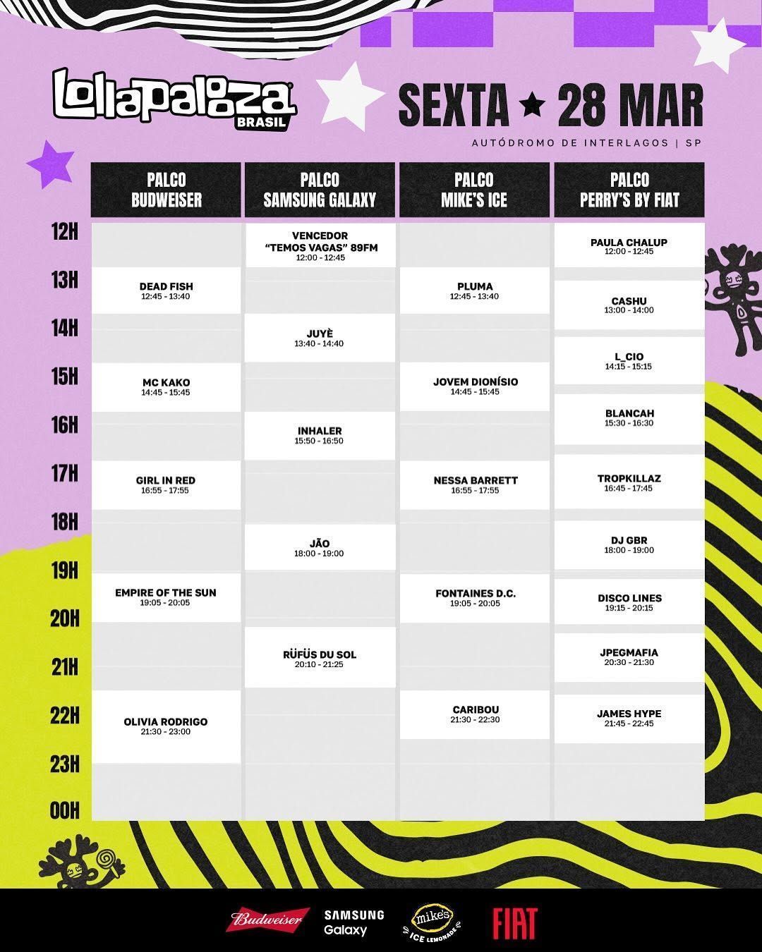 Programação de sexta-feira, 28 de maio, do Lollapalooza Brasil 2025 • Instagram/ Lollapalooza