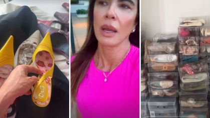 Luciana Gimenez mostra sapatos grifados em apartamento antigo
