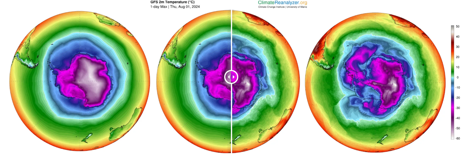Mapa exemplifica primeiro as temperaturas normais e na direita, as temperaturas observadas após a onda de calor, em agosto de 2024 • Climate Change Institute/University of Maine