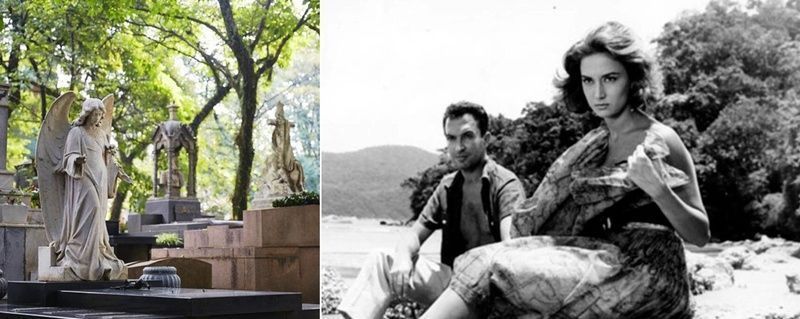 1: Túmulo de Mário de Andrade no Cemitério da Consolação; 2: Frame filme “A Ilha”, Eva Wilma e Luigi Picchi