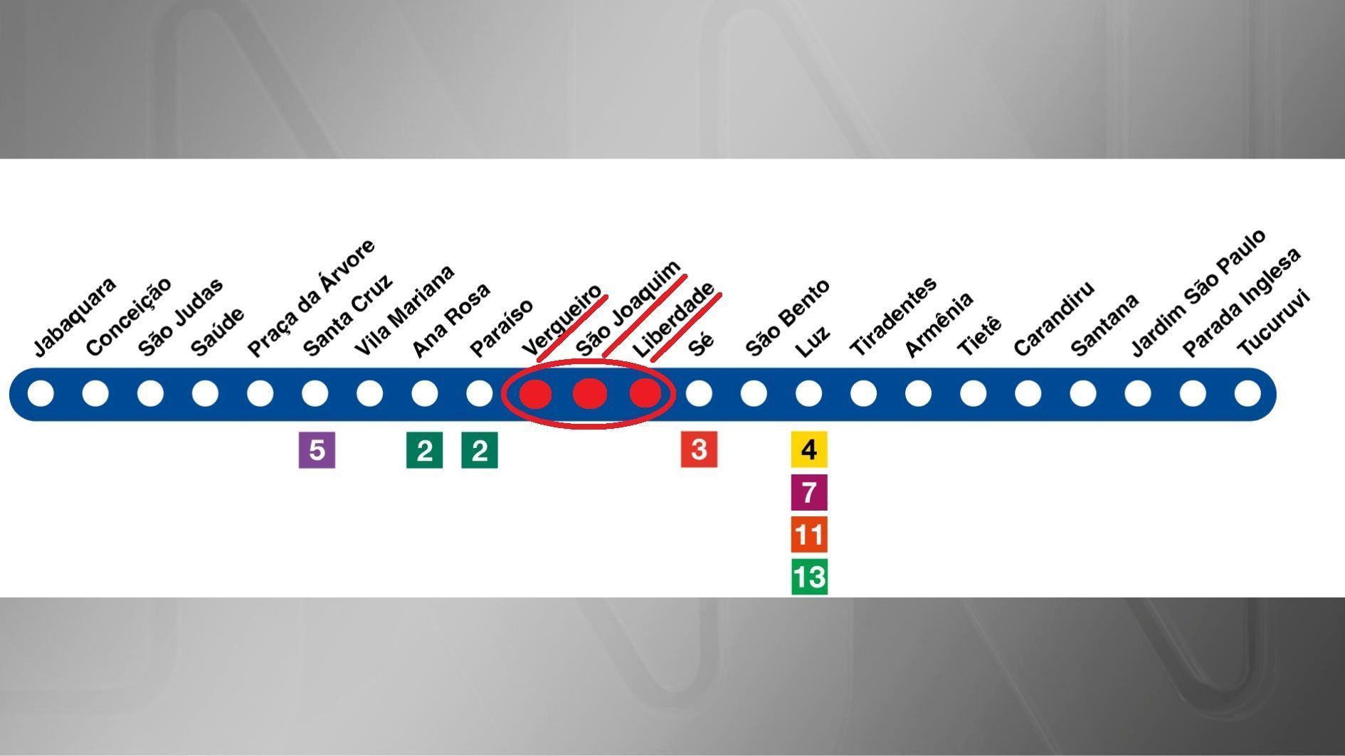 Por causa de obras da linha 6-Laranja, a linha 1-Azul ficará fechada neste fim de semana entre as estações Japão-Liberdade e Vergueiro • Reprodução