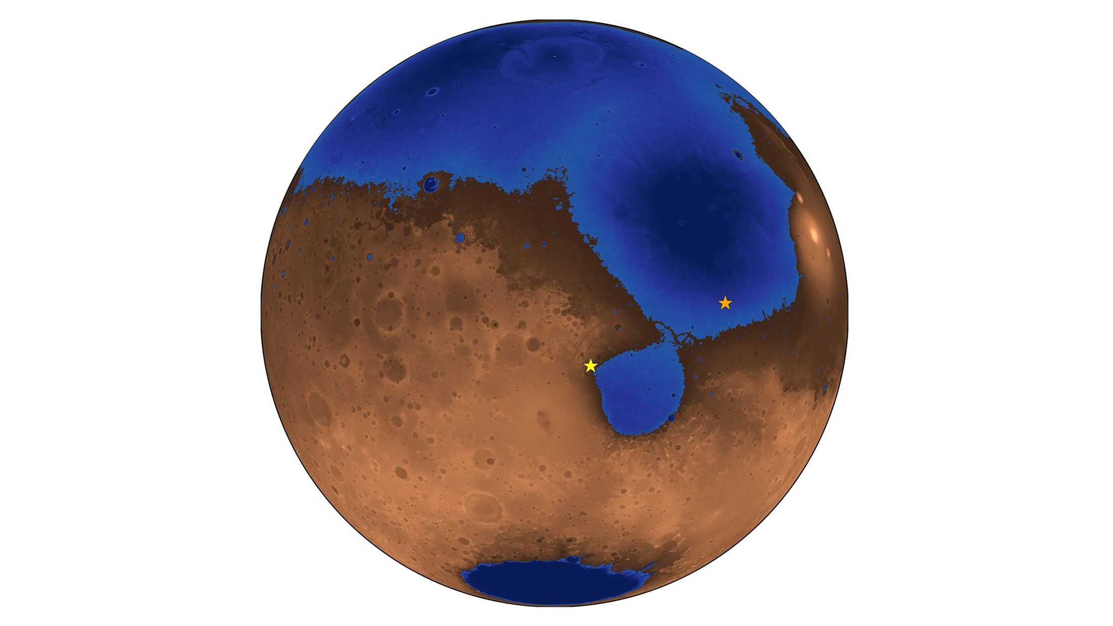 Simulação de como Marte pode ter parecido há 3,6 bilhões de anos, quando um oceano poderia ter coberto um terço do planeta; o local de pouso do rover Zhurong é visto em laranjae onde o rover Perseverance pousou está em amarelo, perto do local de um antigo lago e delta de rio