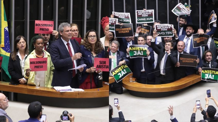 Governistas com plaquinhas de "Bolsonaro preso" e "sem anistia" e oposicionistas com plaquinhas de "anistia já" e "perseguição política" • Bruno Spada/Câmara dos Deputados