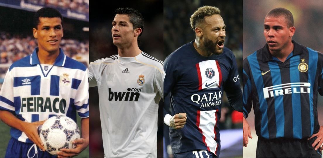 Rivaldo no La Coruña, Cristiano Ronaldo no Real Madrid, Neymar no PSG e Ronaldo Fenômeno na Inter de Milão