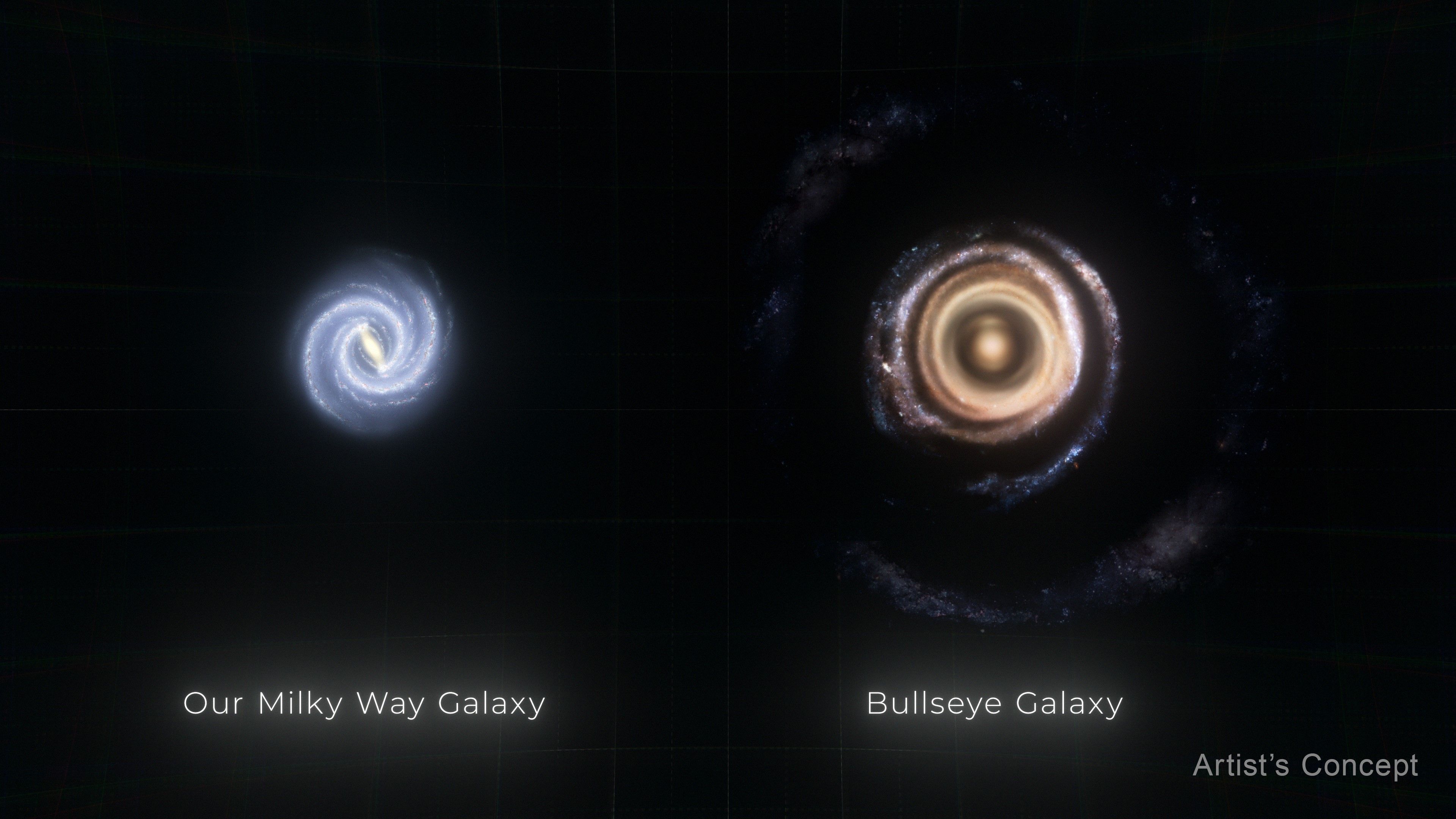 Ilustração compara o tamanho da nossa própria galáxia, a Via Láctea, com a gigantesca galáxia LEDA 1313424, apelidada de Bullseye • Nasa, ESA, Ralf Crawford (STScI)
