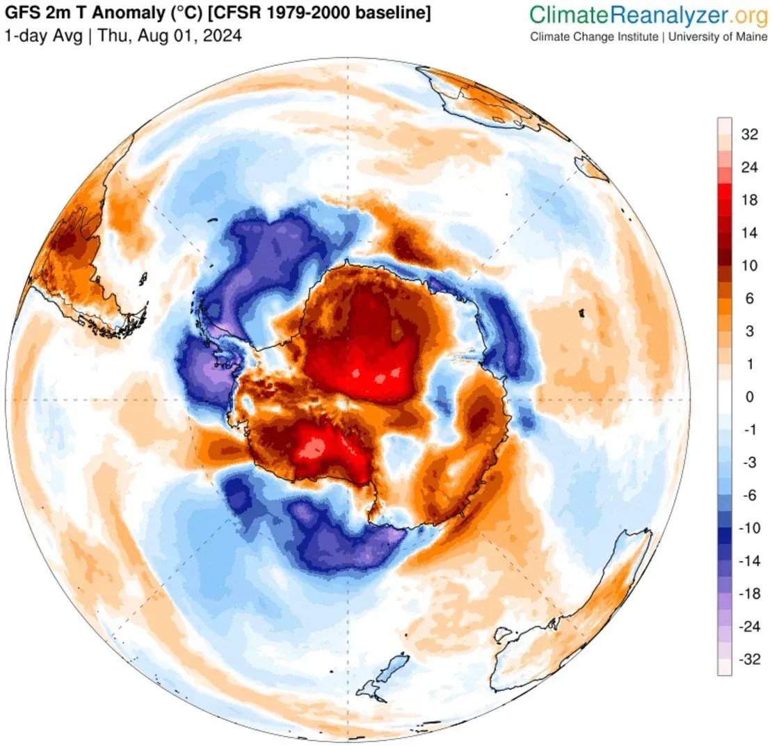 Os desvios de temperatura do normal são mostrados na Antártida em 1º de agosto de 2024. Vermelhos indicam condições mais quentes que o normal, enquanto azuis indicam condições mais frias que o normal • Climate Change Institute/University of Maine