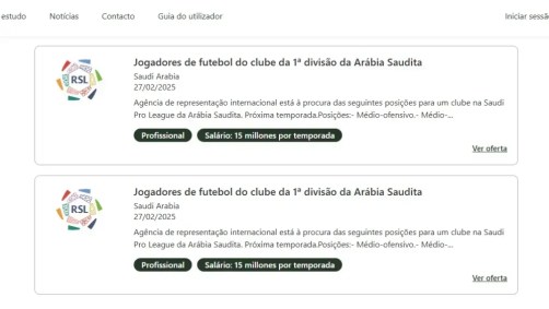 Anúncio de emprego como jogador de futebol profissional na 1ª divisão da Arábia Saudita