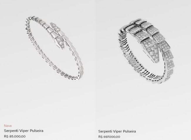 Modelos da pulseira Serpenti Viper variam no site oficial da grife italiana • Reprodução/Bvlgari
