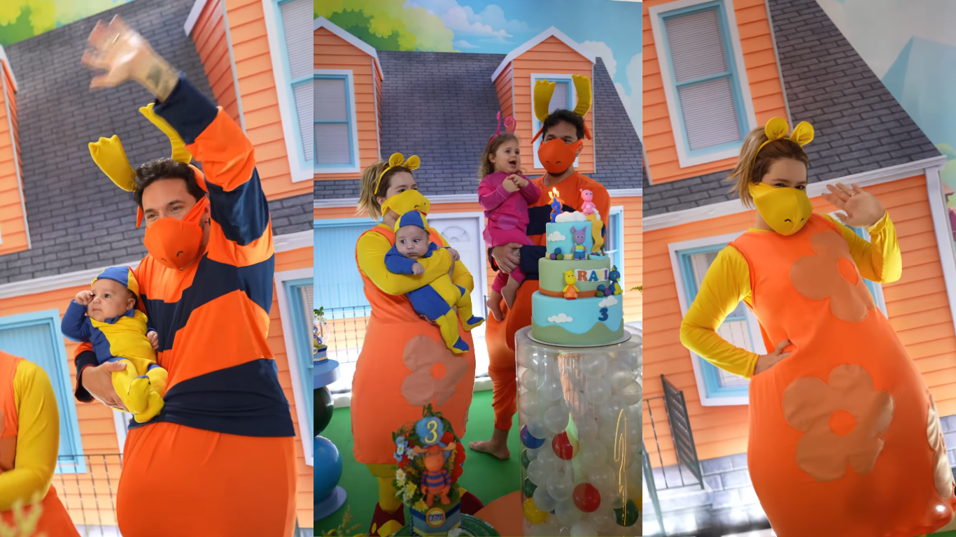 O tema escolhido pelo casal foi “Os Backyardigans” e os parentes do neném usaram fantasias dos personagens Uniqua, Tyrone e Tasha