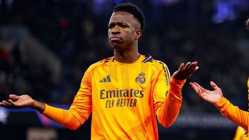 Vinicius Jr. durante vitória do Real Madrid contra o Manchester City no Etihad Stadium pelos playoffs da Champions League