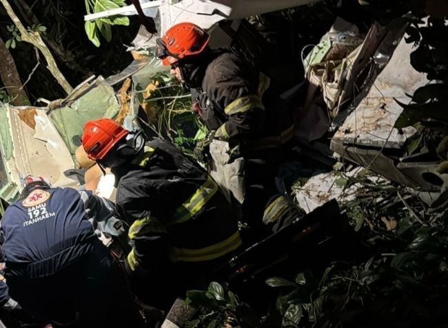 Um homem morreu e outro ficou ferido após a queda de um avião de pequeno porte em Itanhaém, no litoral de São Paulo • Divulgação/Defesa Civil de São Paulo