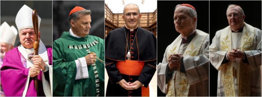 Da esquerda para a direita: cardeal francês Jean-Marc Aveline, cardeal maltês Mario Grech, cardeal português José Tolentino de Mendonça, cardeal americano Robert Francis Prevost e cardeal britânico Arthur Roche. • Getty Images
