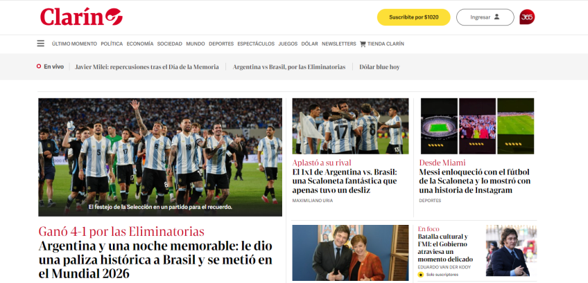 Clarín coloca a goleada contra o Brasil na capa do site, se referindo como "uma noite memorável" • Reprodução / Clarín
