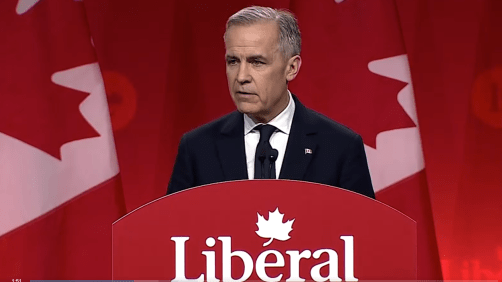 Mark Carney, primeiro-ministro do Canadá, durante discurso em conferência do Partido Liberal.