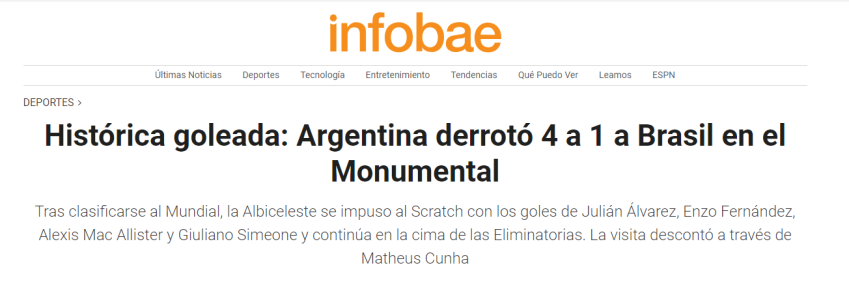 Infobae destaca a goleada de 4 a 1 sobre o Brasil como "histórica" • Reprodução