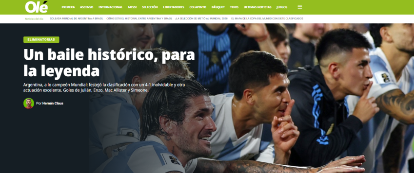 O portal esportivo Olé destaca a goleada argentina como "Um baile histórico" • Reprodução / Olé