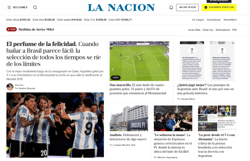 Para o La Nación, a vitória foi o melhor desempenho da seleção argentina desde o título de 2022 • Reprodução / La Nación