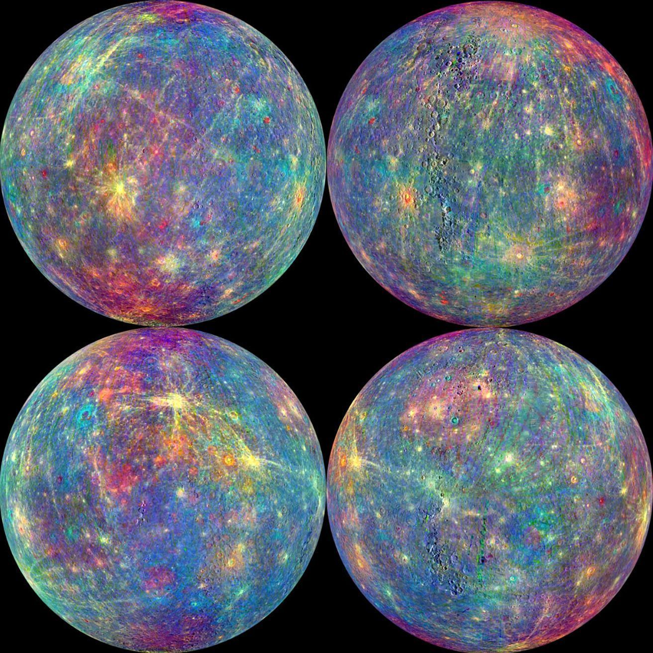 Imagens de Mercúrio obtidas com o instrumento MASCS da nave espacial MESSENGER • NASA/Johns Hopkins University Applied Physics Laboratory/Carnegie Institution of Washington