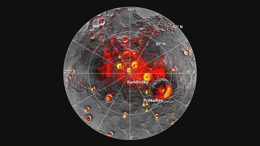 Áreas sombreadas da região polar norte de Mercúrio (em vermelho) adquiridas pela MESSENGER • NASA/Johns Hopkins University Applied Physics Laboratory/Carnegie Institution of Washington/National Astronomy and Ionosphere Center, Arecibo Observatory