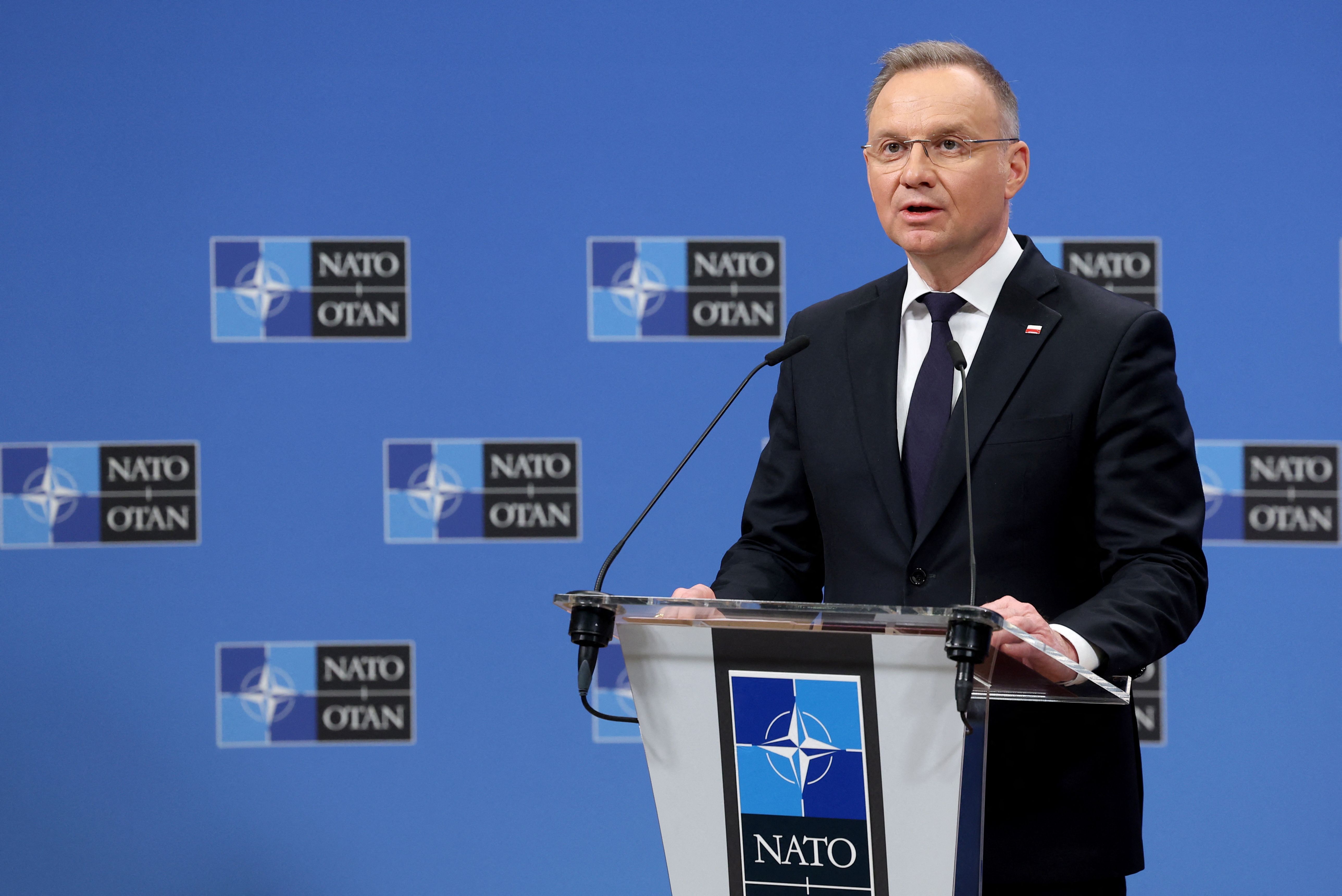 Presidente da Polônia, Andrzej Duda, durante entrevista coletiva na sede da Otan, em Bruxelas