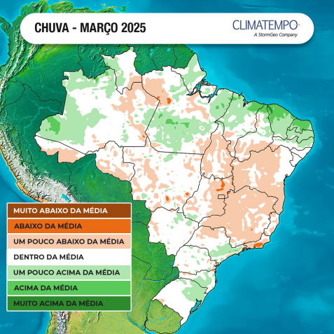De acordo com a Climatempo, maior parte do país deve registrar chuva abaixo da média por atuação de bloqueio atmosférico na primeira metade de março • Reprodução/Climatempo
