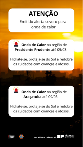 Moradores da região de Presidente Prudente e Araçatuba receberam o alerta na manhã desta sexta-feira (7) • Divulgação/Defesa Civil SP