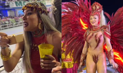 Juju Salimeni comemora desfile na Barroca Zona Sul comendo coxinha