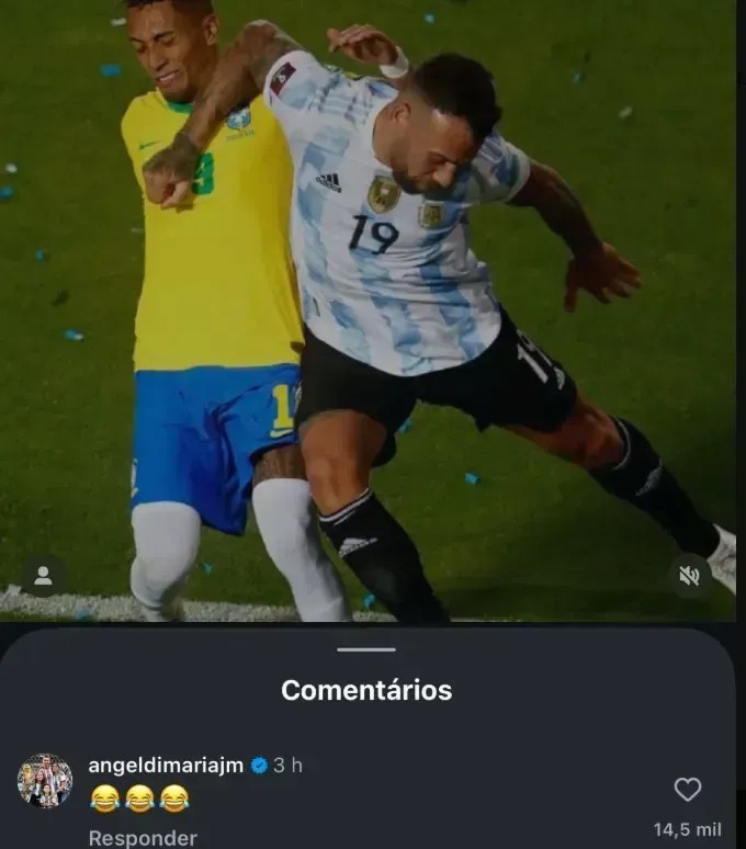 Di Maria dá risada de Raphinha • Reprodução
