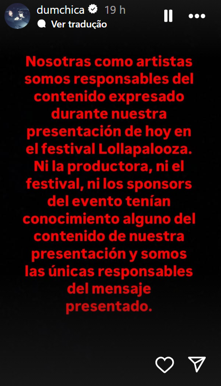 Dum Chica se manifesta após projetar imagens de Javier Milei durante show • Reprodução/Redes sociais
