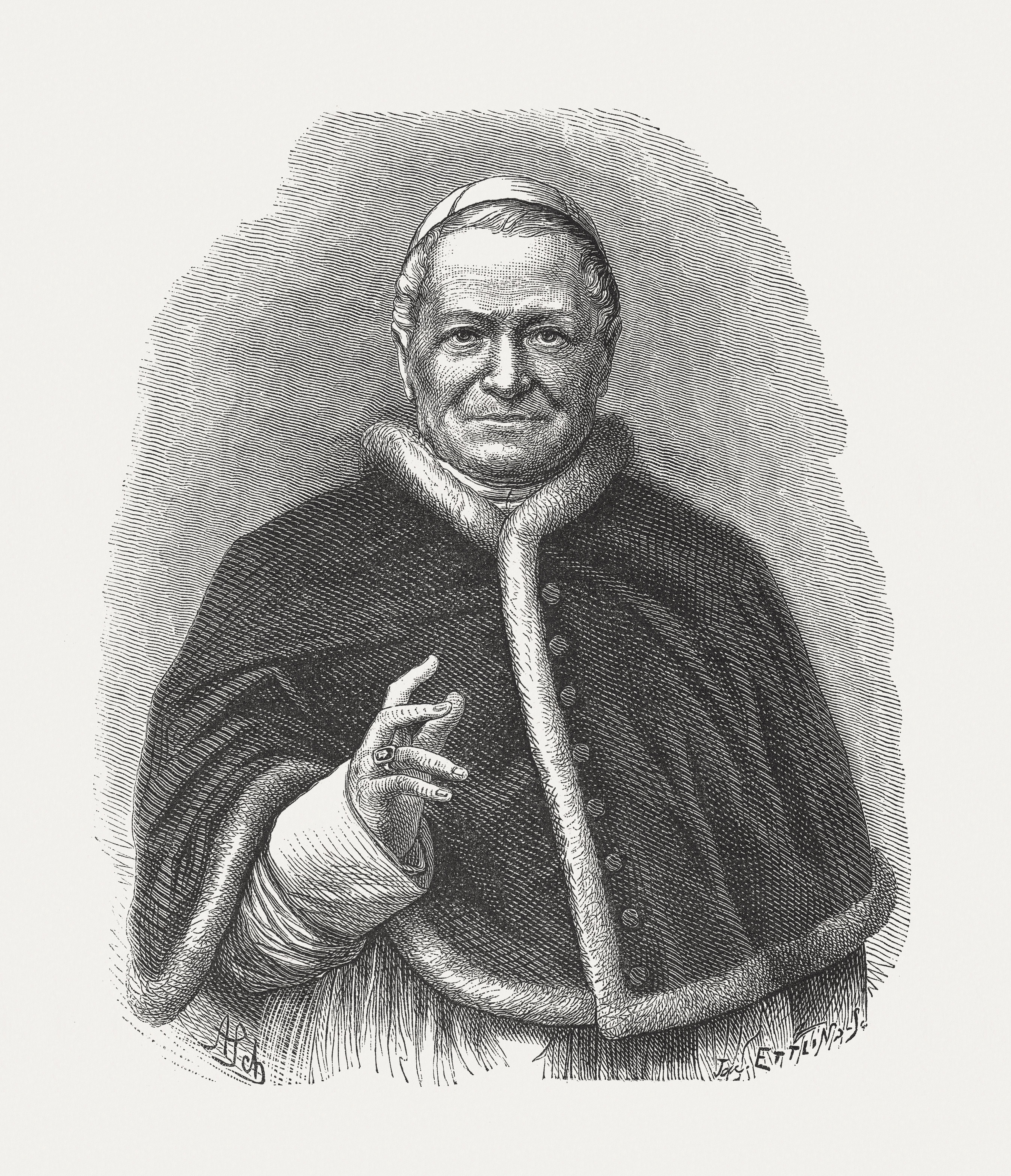 Papa Pio IX (1792 - 1878, nascido Giovanni Maria Mastai-Ferretti). Gravura em madeira, publicada em 1876 • Getty Images