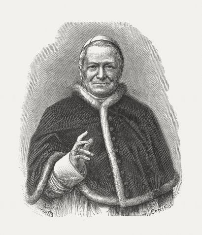 Papa Pio IX (1792 - 1878, nascido Giovanni Maria Mastai-Ferretti). Gravura em madeira, publicada em 1876 • Getty Images