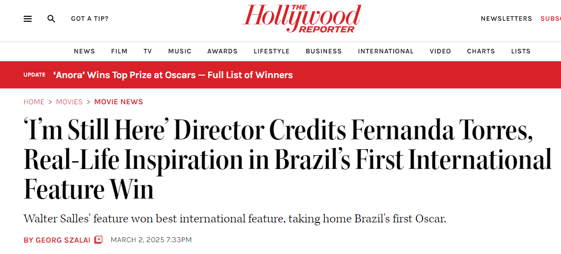 Discurso de Walter Salles saiu no The Hollywood Reporter • Reprodução