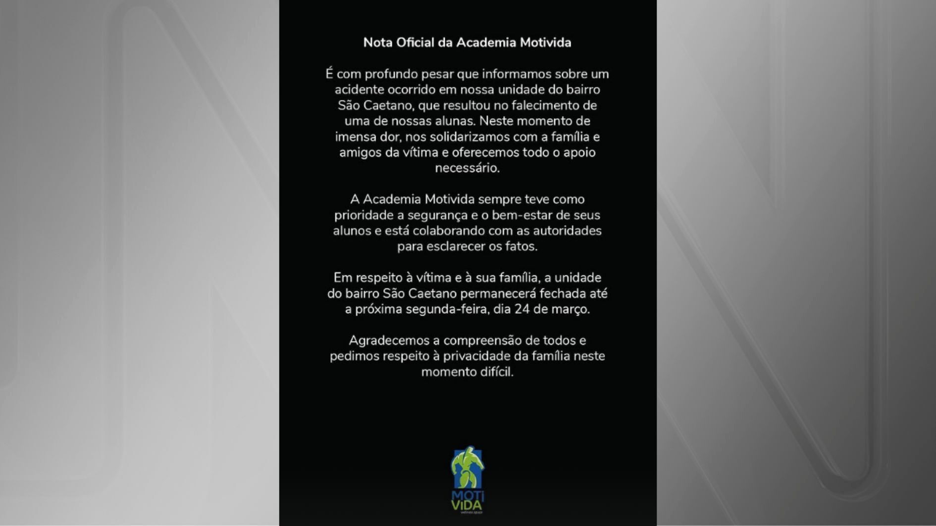 Academia onde ocorreu o acidente publicou nota em suas redes sociais • Reprodução