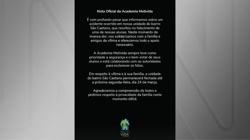 Academia onde ocorreu o acidente publicou nota em suas redes sociais • Reprodução