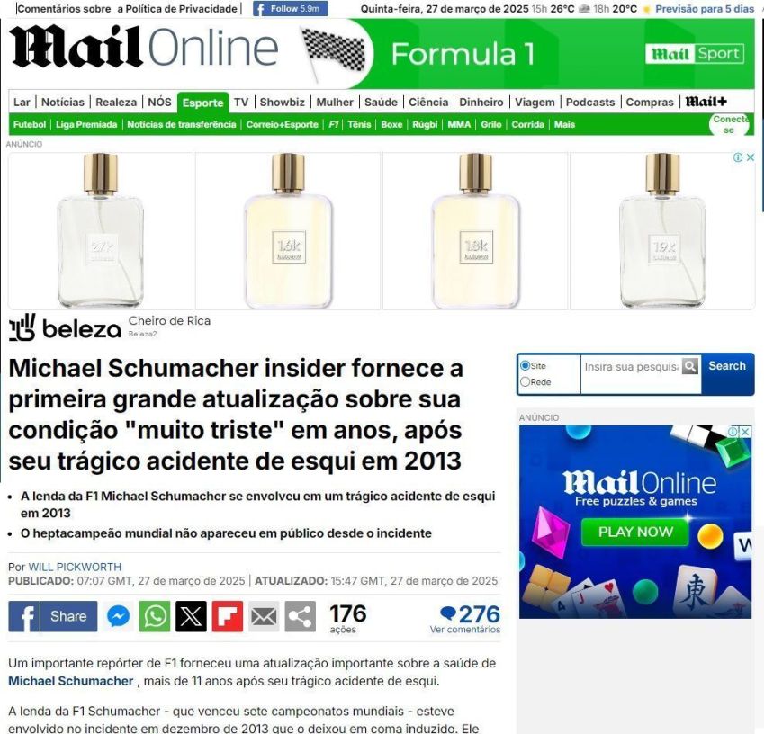 Jornal inglês publica reportagem sobre a atualização no estado de saúde de Michael Schumacher • Reprodução/Daily Mail