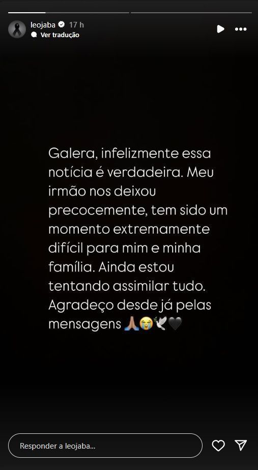 Léo Jabá confirma a morte do irmão, Leandro Lima • Reprodução/Instagram