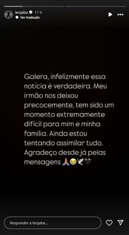 Léo Jabá confirma a morte do irmão, Leandro Lima • Reprodução/Instagram