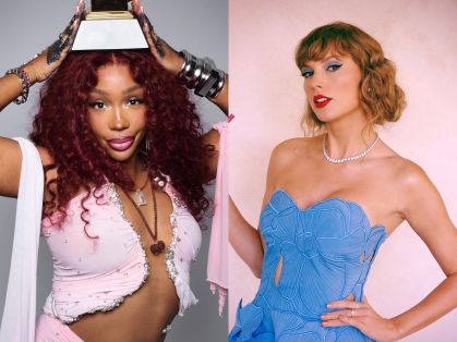 SZA e Taylor Swift. A cantora SZA, à esquerda, está segurando um Grammy na cabeça. Ela veste uma roupa rosa. Swift, à direita, usa um vestido azul.